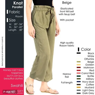 Elegant Beige Rayon Solid Elasticated Front Frill Trousers For Women-thumb0