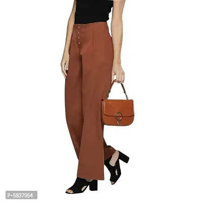Brown Cotton Solid Trousers   Capris For Women
