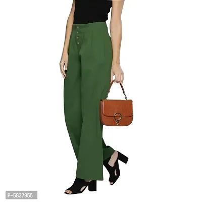 Stunning Green Cotton Solid Easy Fit Trouser with Wooden Buttons For Women
