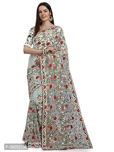 Stylish Net Grey Embroidered Ready to Wear (Stitched) Saree For Women-thumb0