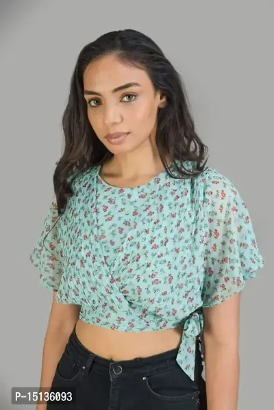 STYLE PORT Women's Regular Fit Georgette Floral Pleated Side Knot Crop Top-thumb3