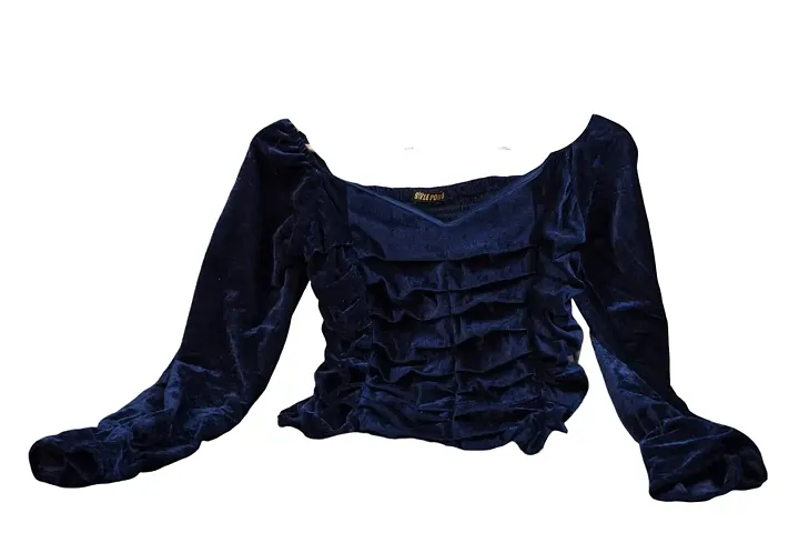 STYLE PORT Women's Regular Fit Velvet Velvet Pleated Full Sleeves Crop Top