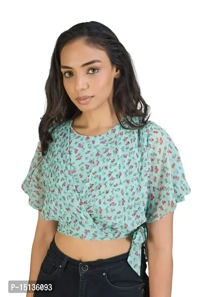 STYLE PORT Women's Regular Fit Georgette Floral Pleated Side Knot Crop Top-thumb0