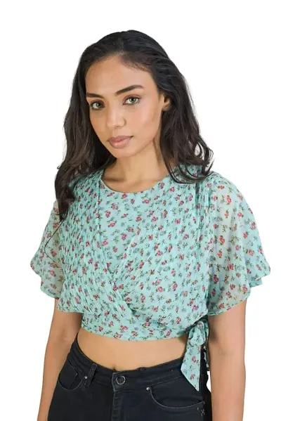 STYLE PORT Women's Regular Fit Georgette Floral Pleated Side Knot Crop Top