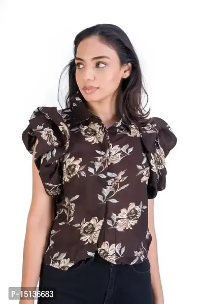 STYLE PORT Baloon Crop Printed Shirt_Brown_L