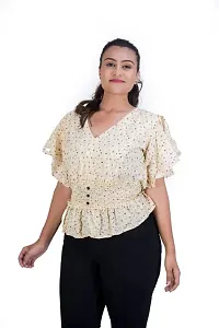 STYLE PORT Women's Regular Fit Georgette V Neck Floral Ruffle Sleeves Top-thumb1