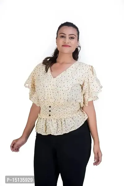 STYLE PORT Women's Regular Fit Georgette V Neck Floral Ruffle Sleeves Top-thumb2