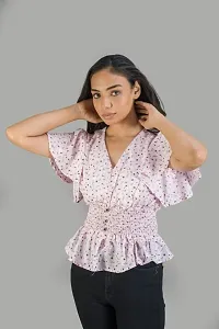 STYLE PORT Women's Regular Fit Georgette V Neck Floral Ruffle Sleeves Top-thumb1