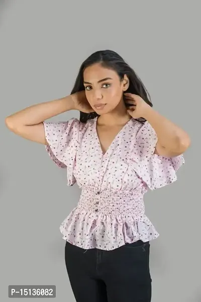 STYLE PORT Women's Regular Fit Georgette V Neck Floral Ruffle Sleeves Top-thumb2
