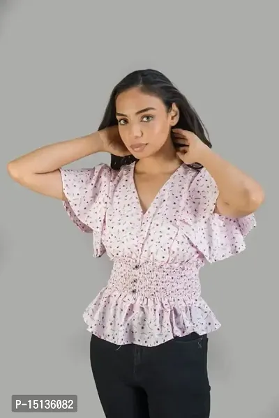 STYLE PORT Women's Regular Fit Georgette V Neck Floral Ruffle Sleeves Top-thumb3