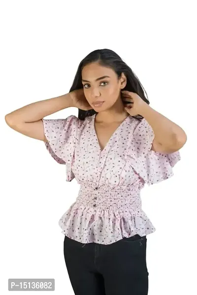 STYLE PORT Women's Regular Fit Georgette V Neck Floral Ruffle Sleeves Top