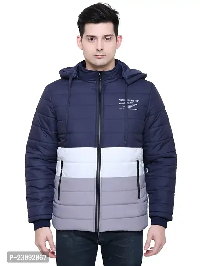 Stylish Navy Blue Nylon Puffer Tailored Bomber Hooded Sportswear Jacket For Men-thumb0