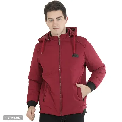 Stylish Maroon Lycra Blended Puffer Bomber Hooded Jacket For Men