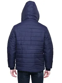 Stylish Navy Blue Nylon Puffer Bomber Hooded Sports Jacket For Men-thumb1