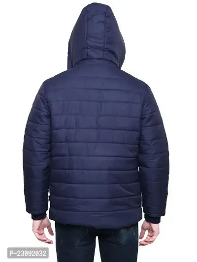 Stylish Navy Blue Nylon Puffer Bomber Hooded Sports Jacket For Men-thumb2