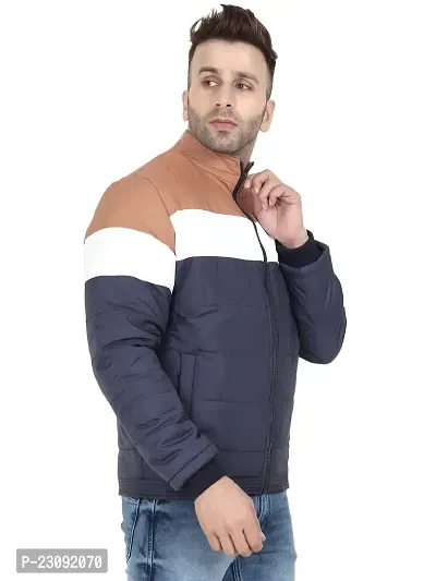 Stylish Navy Blue Lycra Blended Puffer Tailored Bomber Jacket For Men-thumb2