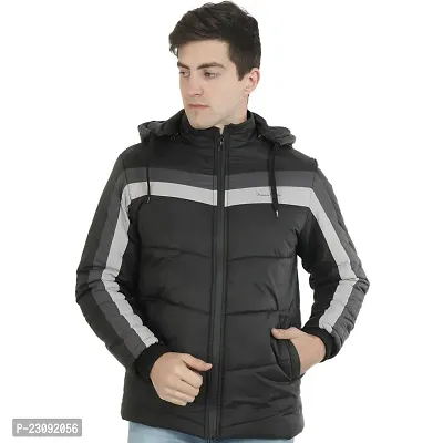 Stylish Black Nylon Puffer Tailored Bomber Hooded Jacket For Men