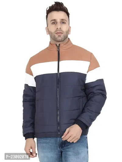 Stylish Navy Blue Lycra Blended Puffer Tailored Bomber Jacket For Men