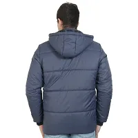 Stylish Navy Blue Nylon Puffer Tailored Bomber Hooded Jacket For Men-thumb1