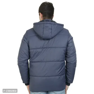 Stylish Navy Blue Nylon Puffer Tailored Bomber Hooded Jacket For Men-thumb2