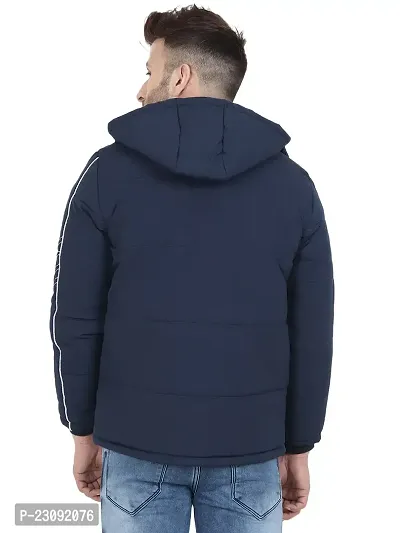 Stylish Navy Blue Lycra Blended Puffer Quilted Bomber Hooded Jacket For Men-thumb3