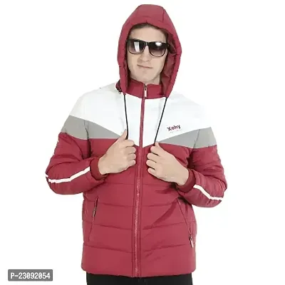 Stylish Red Nylon Puffer Tailored Bomber Hooded Jacket For Men