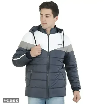 Stylish Navy Blue Nylon Puffer Tailored Bomber Hooded Sportswear Jacket For Men