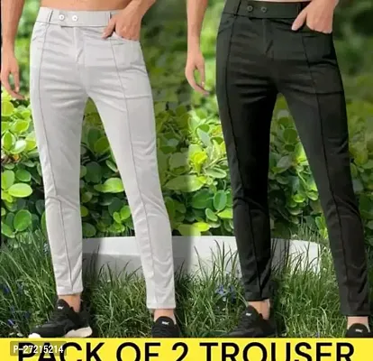 Classic Polyester Spandex Solid Casual Trousers for Men, Pack of 2