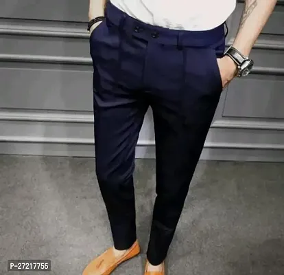 Classic Polyester Spandex Solid Casual Trousers for Men-thumb0