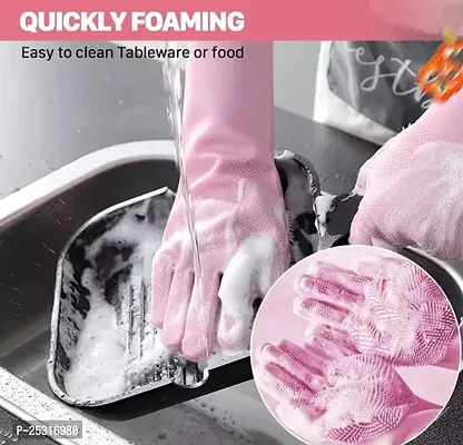 Silicon Gloves For Kitchen Dish Washing Re-Usable Rubber Household Safety Wash Scrubber Heat Resistant Kitchen Gloves, Cleaning, Gardening Wet and Dry Hand Gloves for Kitchen (Free Size, Assorted Colo-thumb0