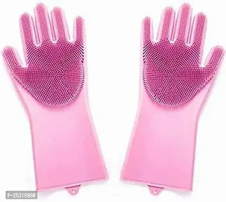 Silicon Gloves For Kitchen Dish Washing Re-Usable Rubber Household Safety Wash Scrubber Heat Resistant Kitchen Gloves, Cleaning, Gardening Wet and Dry Hand Gloves for Kitchen (Free Size, Assorted Colo-thumb3
