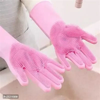 Silicon Gloves For Kitchen Dish Washing Re-Usable Rubber Household Safety Wash Scrubber Heat Resistant Kitchen Gloves, Cleaning, Gardening Wet and Dry Hand Gloves for Kitchen (Free Size, Assorted Colo-thumb2