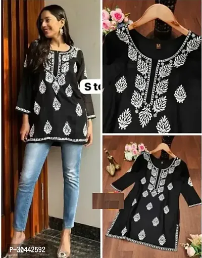 Stylish Black Cotton Embroidered Short Kurti For Women-thumb0