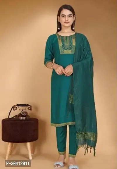 Stylish Green Rayon Kurta, Bottom And Dupatta Set For Women-thumb0