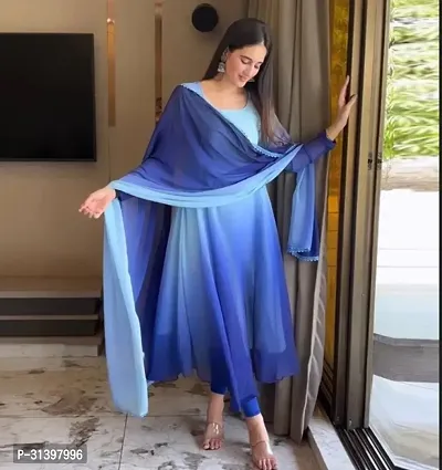 Stylish Blue Poly Georgette Kurta With Dupatta For Women