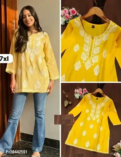 Stylish Yellow Cotton Embroidered Short Kurti For Women-thumb0