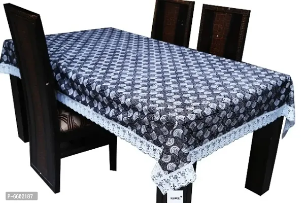 Decwell 6 Seater  Printed Dining Table Cover With White Lace  Size (60 x 90) inches Colour - Black Chand