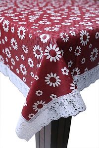 Decwell 6 Seater Floral Printed Dining Table Cover With White Lace  Size (60 x 90) inches Colour - MAROON-thumb1