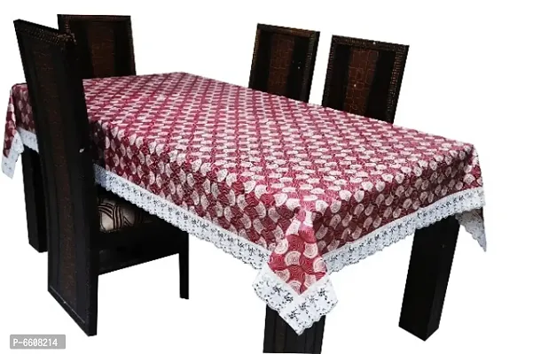 Decwell 6 Seater  Printed Dining Table Cover With White Lace  Size (60 x 90) inches Colour - Maroon Chand-thumb0