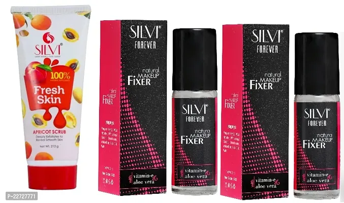 Silvi 100 % Fresh Skin Apricot Scrub  Silvi Makeup Fixer Combo