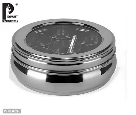 PIQUANT KITCHENWARE Stainless Steel Masala (Spice) Box/Dabba/Organiser with See Through Lid 7 Containers and Small Spoon