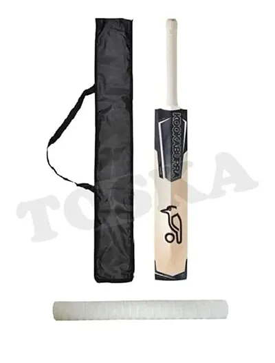 TOSKA Cricket Bat Full Size Popular Willow Kookaburra Cricket Bat and One Grip and Bat Cover for Tennis Ball, Leather Ball Rubber Ball, Plastic Ball (Men|Women) (Black.W)