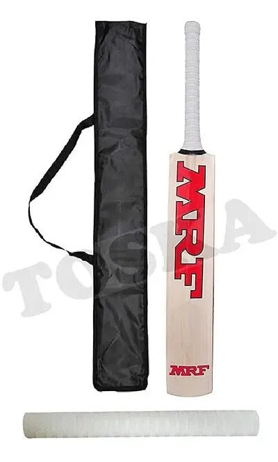 TOSKA Wood Full Size Mrf Cricket BatandOne GripandBat Cover For All Hard And Soft Tennis Ball/Leather Ball Cricket Bat (Men|Women) (White)