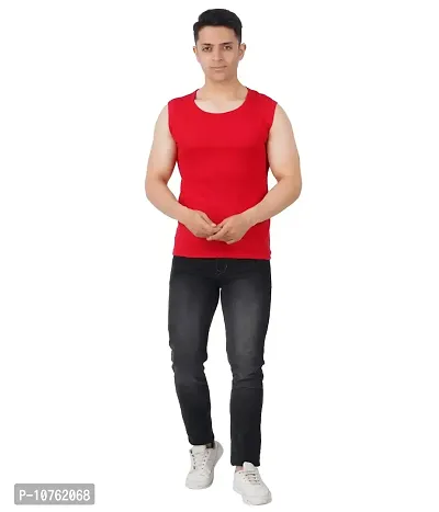 Men's Premium Sleeveless Modern Cotton Gym Vest Round Neck Slim Fit for All Season (Pack of 1) (M, RED)-thumb2