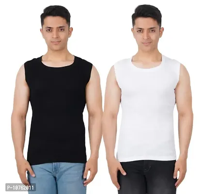 Men's Premium Sleeveless Modern Cotton Gym Vest Round Neck Slim Fit for All Season (Pack of 2) (M, Black.White)-thumb0