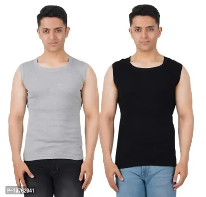Men's Premium Sleeveless Modern Cotton Gym Vest Round Neck Slim Fit for All Season (Pack of 2) (S, Melange.Black)-thumb0