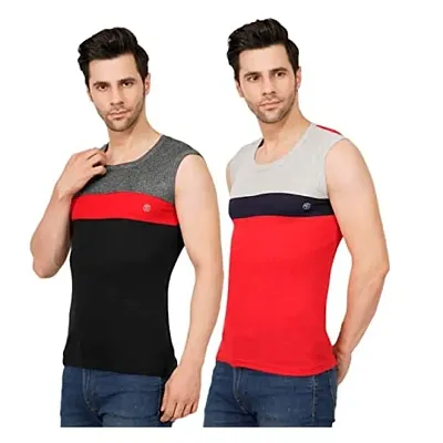 Men's Premium Sleeveless Modern Cotton Gym Vest Round Neck Slim Fit for All Season 1018 (Pack of 2)