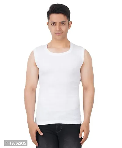 Men's Premium Sleeveless Modern Cotton Gym Vest Round Neck Slim Fit for All Season (Pack of 1) (M, White)-thumb0