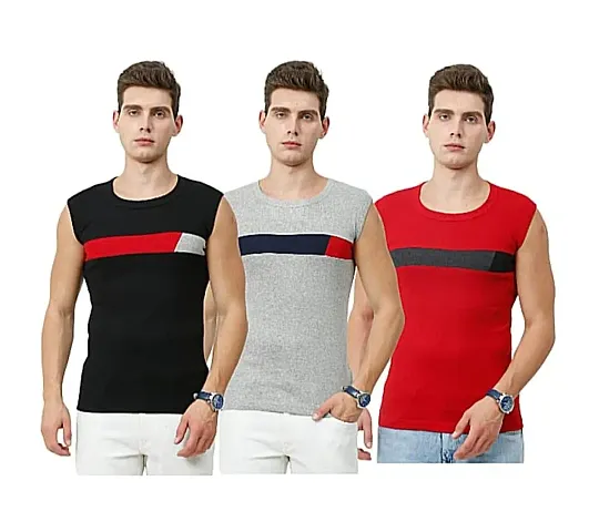 Men's Premium Sleeveless Modern Cotton Gym Vest Round Neck Slim Fit 1014 (Pack of 3)