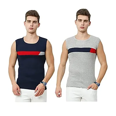 Men's Premium Sleeveless Modern Cotton Gym Vest Round Neck Slim Fit 1014 (Pack of 2)